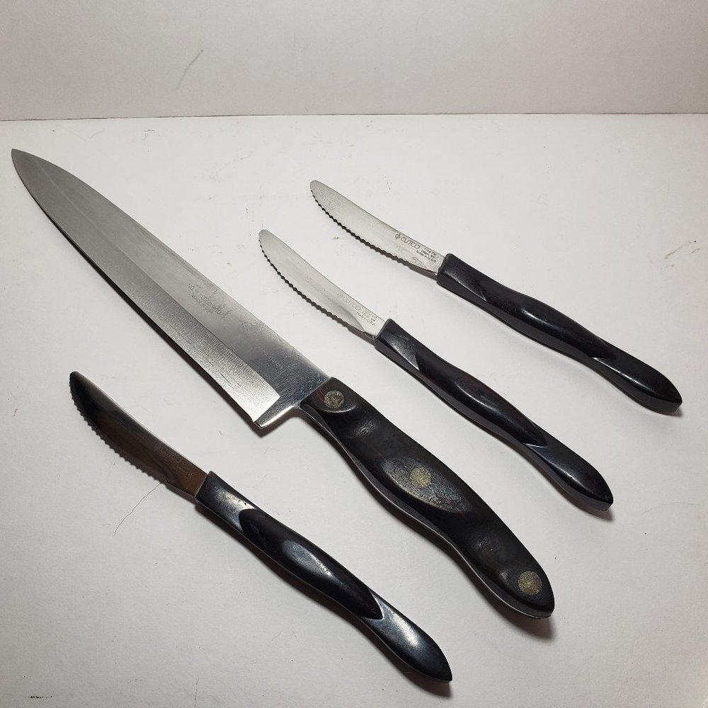4 Cutco Knives Brown Handles - 1 Vintage 1025 French Chef, 3 1759 Steak Knives